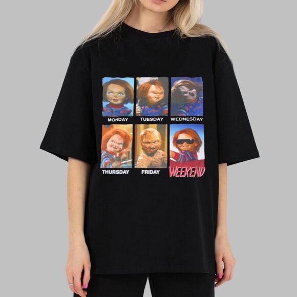 Chucky Doll Monday To Weekend Horror Movie Shirt – Scary Movie Unisex Tee 24 - Picture 1 of 6